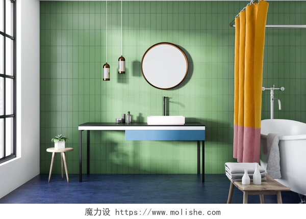 绿色背景下的浴室绿色的浴室内有一个白色的浴缸, 一个水槽与一个圆形的镜子和一个大窗口。3d 渲染
